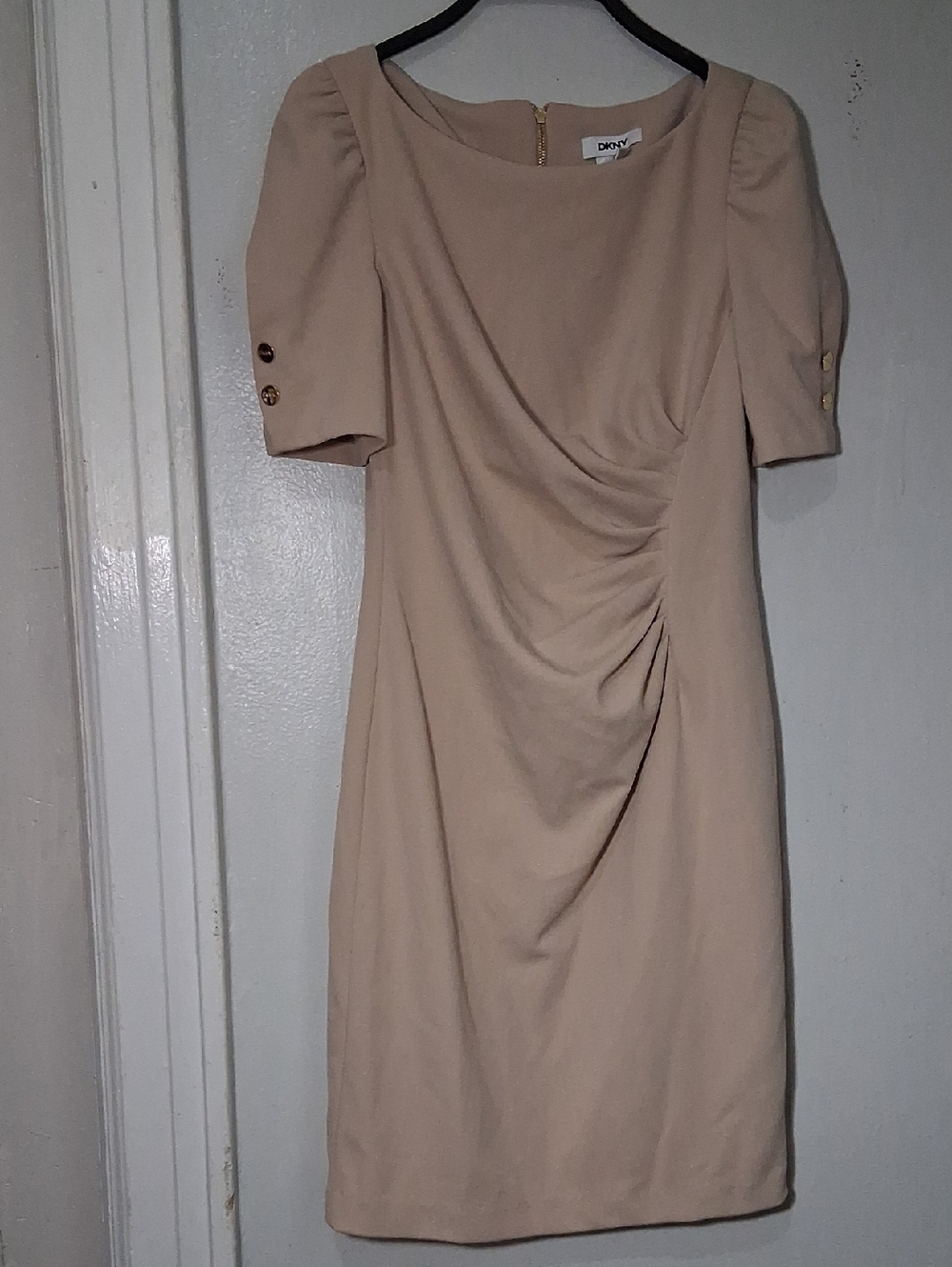 DKNY Beige Ruched Short-Sleeve Midi Dress